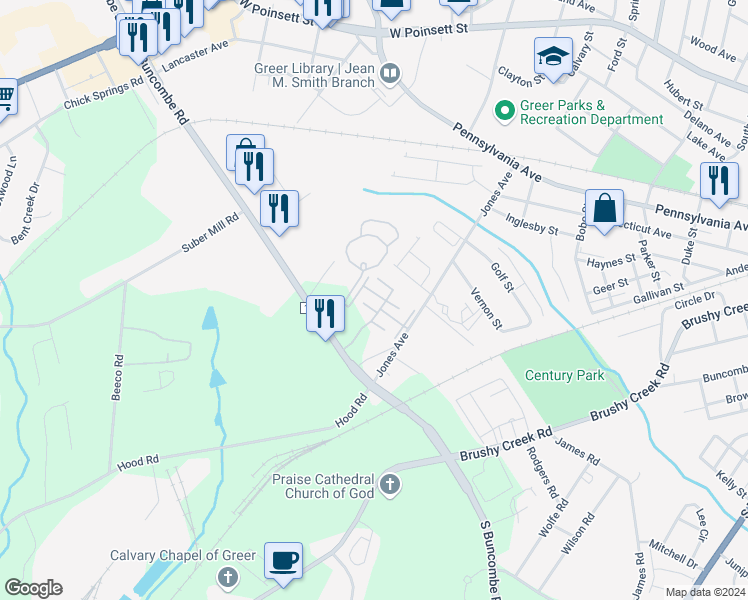 map of restaurants, bars, coffee shops, grocery stores, and more near 1037 Pennypacker Court in Greer