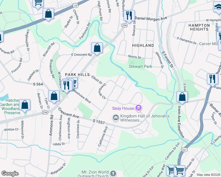 map of restaurants, bars, coffee shops, grocery stores, and more near 129 Overbrook Circle in Spartanburg