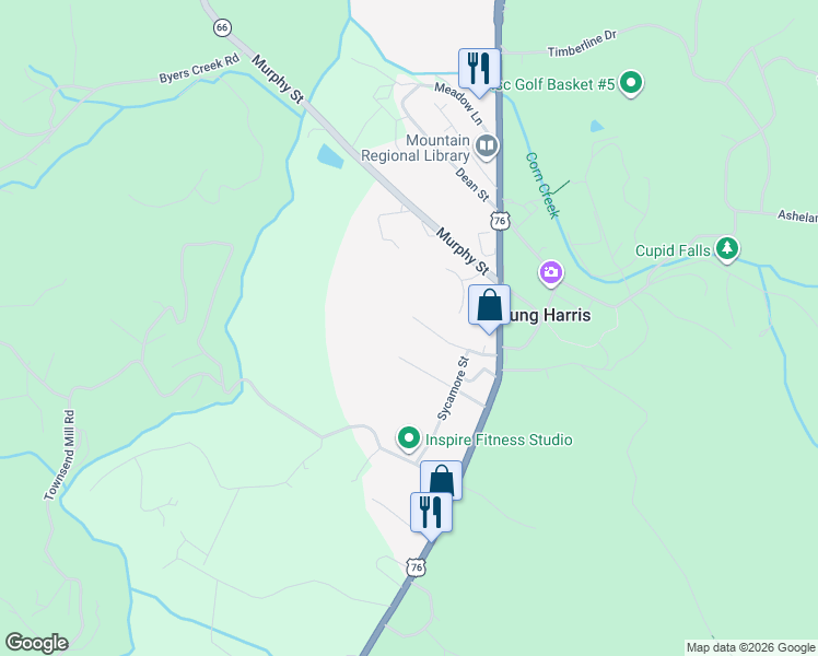map of restaurants, bars, coffee shops, grocery stores, and more near 5599 School Street in Young Harris