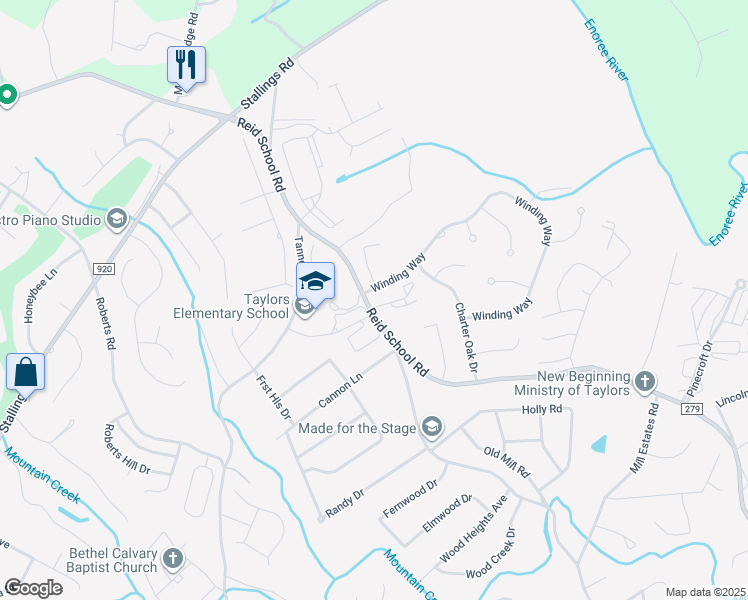 map of restaurants, bars, coffee shops, grocery stores, and more near 812 Reid School Road in Taylors
