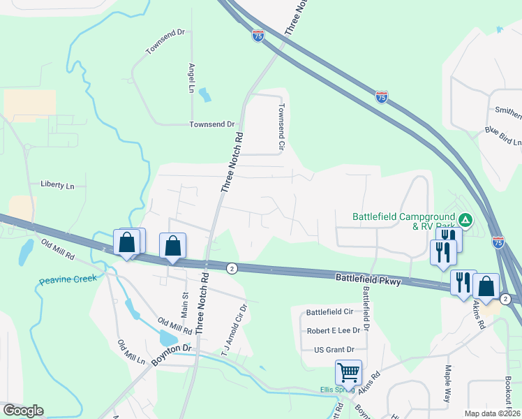 map of restaurants, bars, coffee shops, grocery stores, and more near 23 Stonecrest Drive in Ringgold