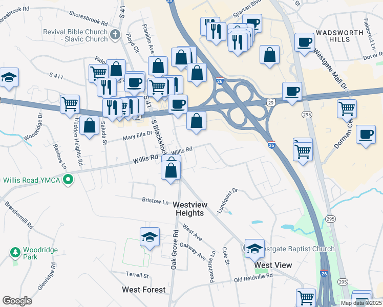 map of restaurants, bars, coffee shops, grocery stores, and more near 100 Peachwood Center Drive in Spartanburg