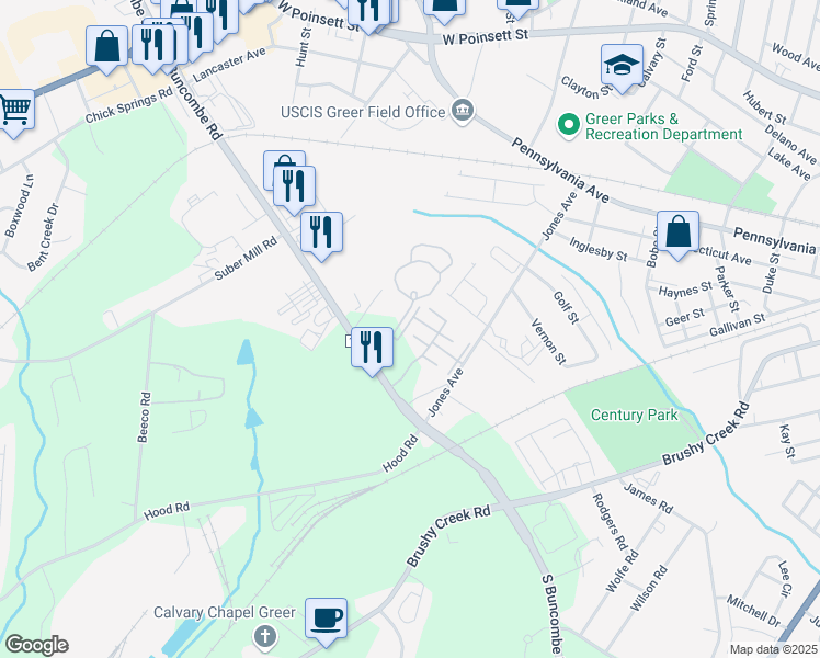 map of restaurants, bars, coffee shops, grocery stores, and more near 439 South Buncombe Road in Greer