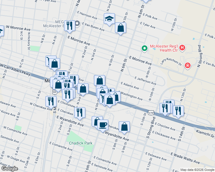 map of restaurants, bars, coffee shops, grocery stores, and more near 510 East Adams Avenue in McAlester