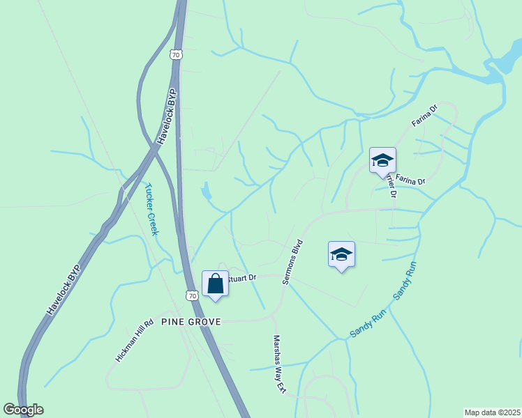 map of restaurants, bars, coffee shops, grocery stores, and more near 111 Twin Creek Lane in Havelock