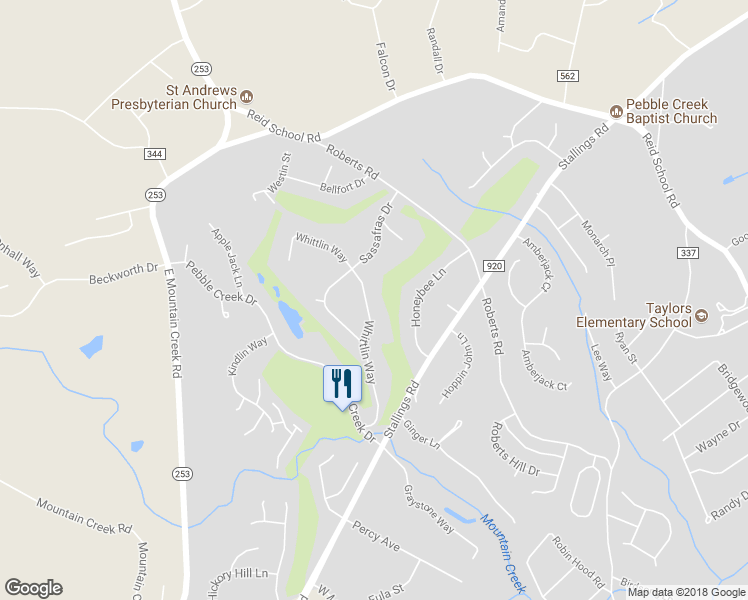 map of restaurants, bars, coffee shops, grocery stores, and more near 108 Whittlin Way in Taylors