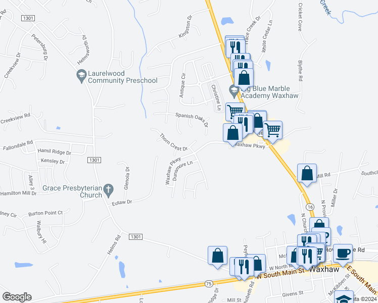 map of restaurants, bars, coffee shops, grocery stores, and more near 2112 Thorn Crest Drive in Waxhaw