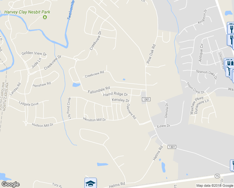 map of restaurants, bars, coffee shops, grocery stores, and more near 2055 Hamil Ridge Road in Waxhaw