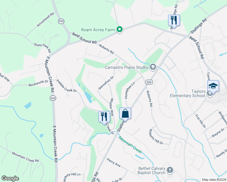 map of restaurants, bars, coffee shops, grocery stores, and more near 108 Whittlin Way in Taylors