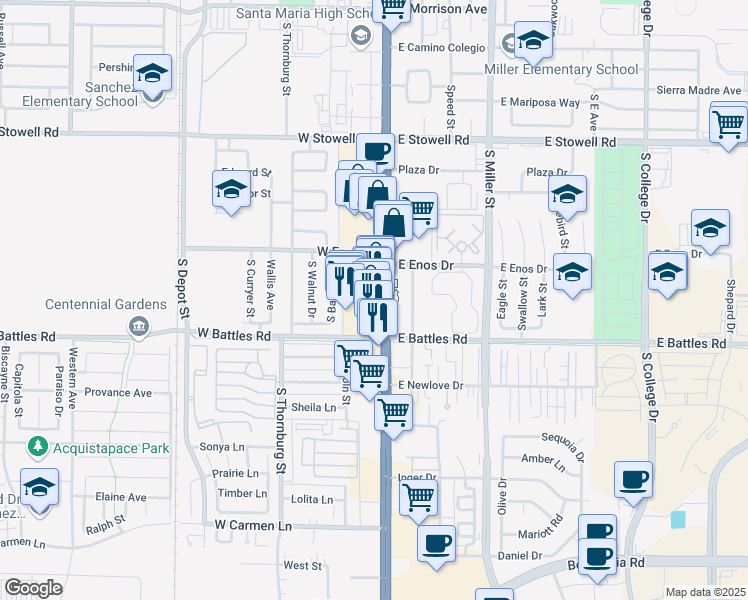 map of restaurants, bars, coffee shops, grocery stores, and more near 1511 South Broadway in Santa Maria