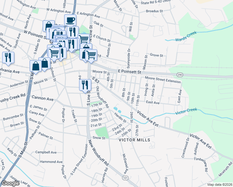 map of restaurants, bars, coffee shops, grocery stores, and more near 225 Victor Avenue in Greer