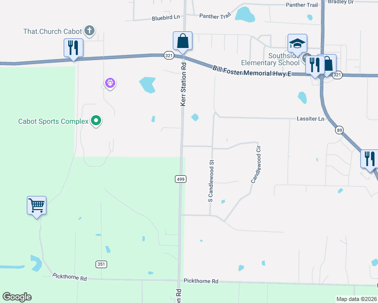 map of restaurants, bars, coffee shops, grocery stores, and more near 3360 Kerr Station Road in Cabot