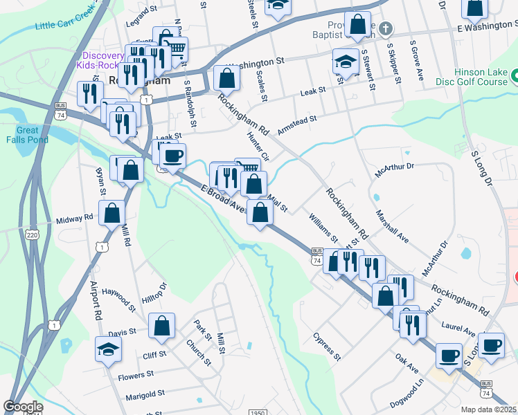map of restaurants, bars, coffee shops, grocery stores, and more near 491 East Broad Avenue in Rockingham