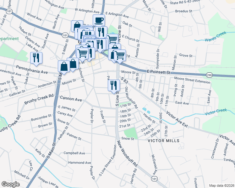 map of restaurants, bars, coffee shops, grocery stores, and more near 14th Street in Greer