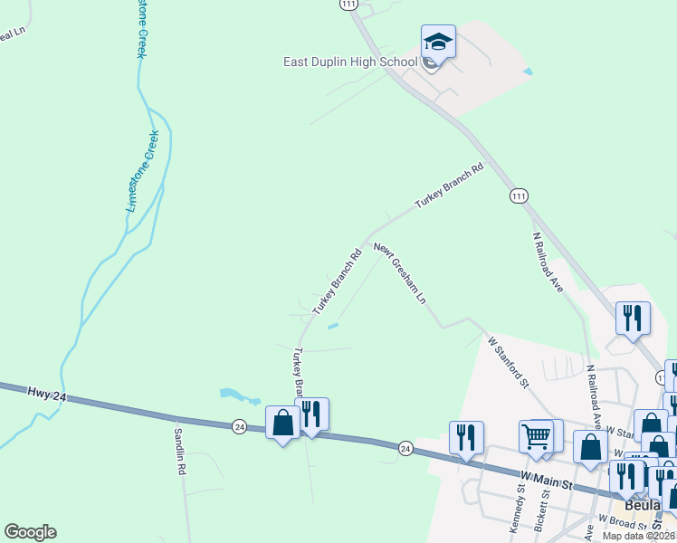 map of restaurants, bars, coffee shops, grocery stores, and more near 221 Turkey Branch Road in Beulaville
