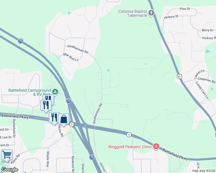 map of restaurants, bars, coffee shops, grocery stores, and more near 66 Debra Lane in Ringgold
