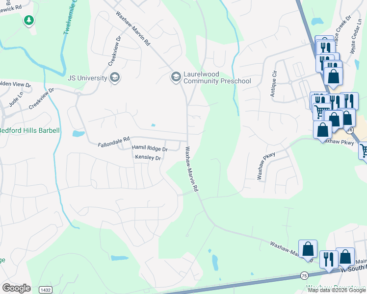map of restaurants, bars, coffee shops, grocery stores, and more near 1000 Fallondale Road in Waxhaw