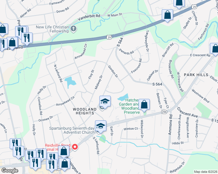map of restaurants, bars, coffee shops, grocery stores, and more near 105 Saint James Drive in Spartanburg