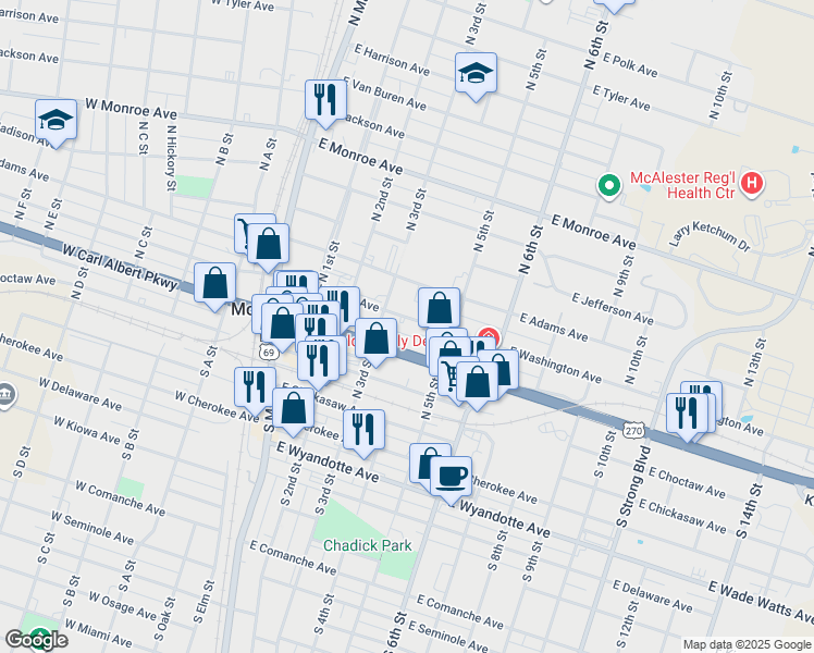 map of restaurants, bars, coffee shops, grocery stores, and more near 318 East Washington Avenue in McAlester