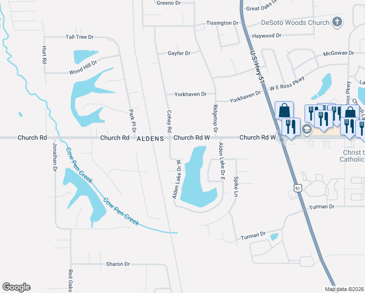 map of restaurants, bars, coffee shops, grocery stores, and more near 1876 Church Road West in Horn Lake