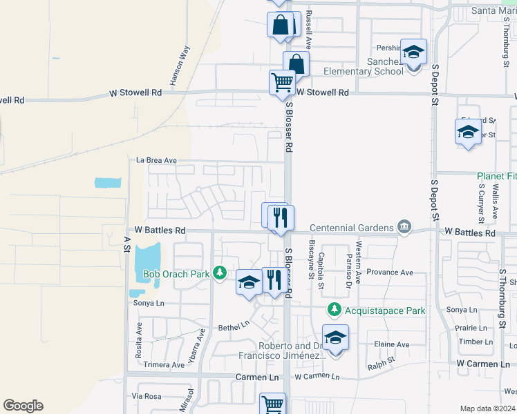 map of restaurants, bars, coffee shops, grocery stores, and more near 1544 South Oberlin Court in Santa Maria