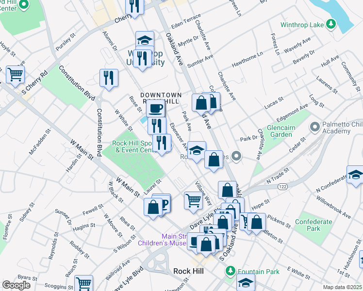 map of restaurants, bars, coffee shops, grocery stores, and more near 325 Park Avenue in Rock Hill