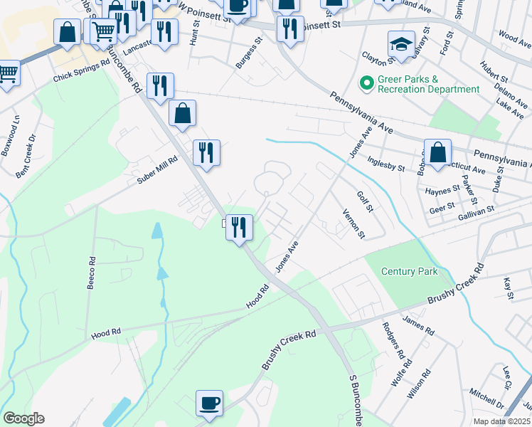 map of restaurants, bars, coffee shops, grocery stores, and more near 439 South Buncombe Road in Greer