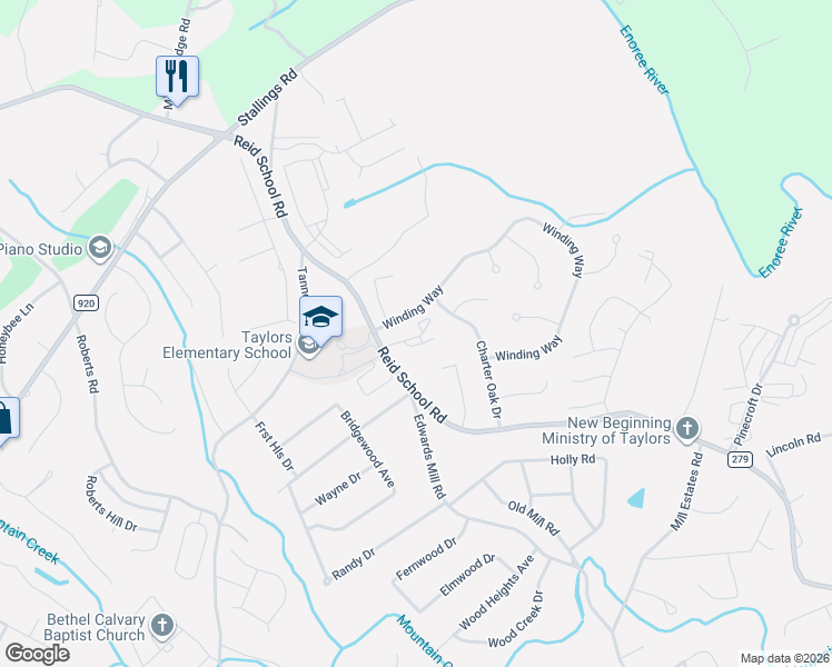 map of restaurants, bars, coffee shops, grocery stores, and more near 1103 Winding Way in Taylors