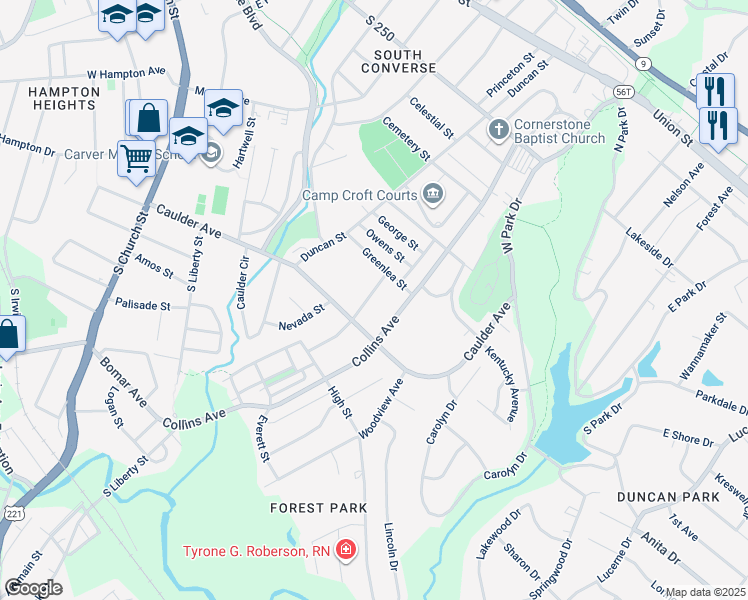 map of restaurants, bars, coffee shops, grocery stores, and more near 128 Prospect Avenue in Spartanburg