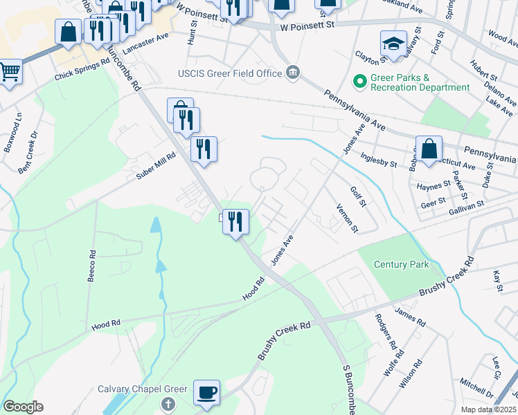 map of restaurants, bars, coffee shops, grocery stores, and more near 84 Detroit Broach Road in Greer