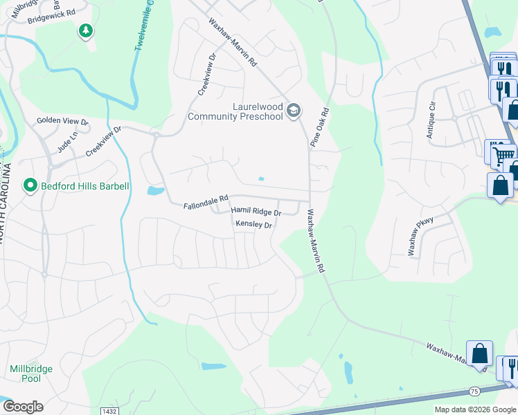 map of restaurants, bars, coffee shops, grocery stores, and more near 2030 Hamil Ridge Drive in Waxhaw