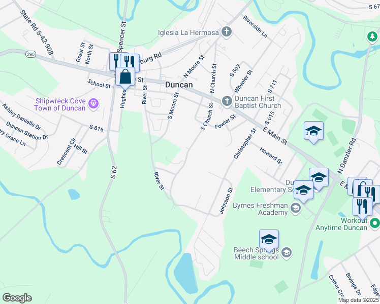 map of restaurants, bars, coffee shops, grocery stores, and more near 119 South Church Street in Duncan