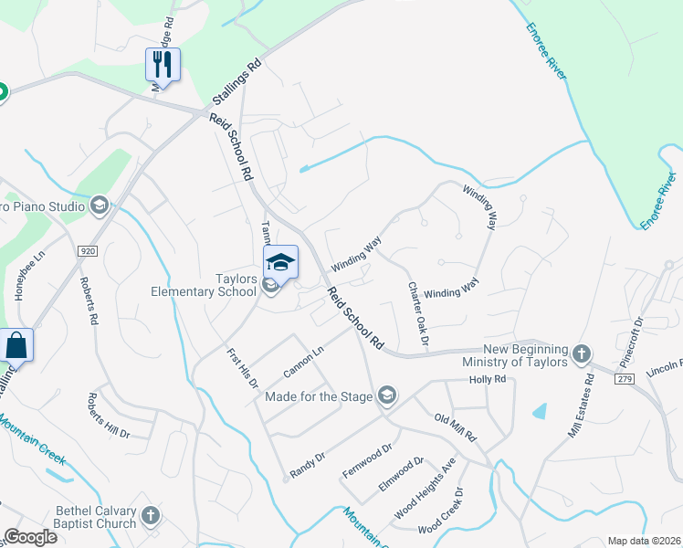 map of restaurants, bars, coffee shops, grocery stores, and more near 1103 Winding Way in Taylors
