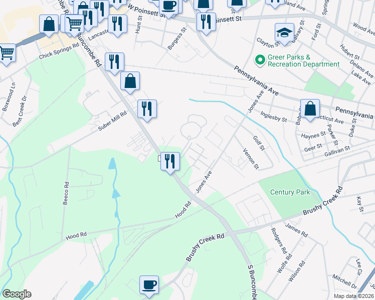map of restaurants, bars, coffee shops, grocery stores, and more near 439 South Buncombe Road in Greer