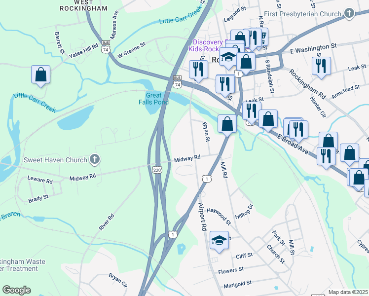 map of restaurants, bars, coffee shops, grocery stores, and more near 428 South Caroline Street in Rockingham