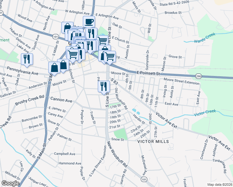 map of restaurants, bars, coffee shops, grocery stores, and more near 14th Street in Greer