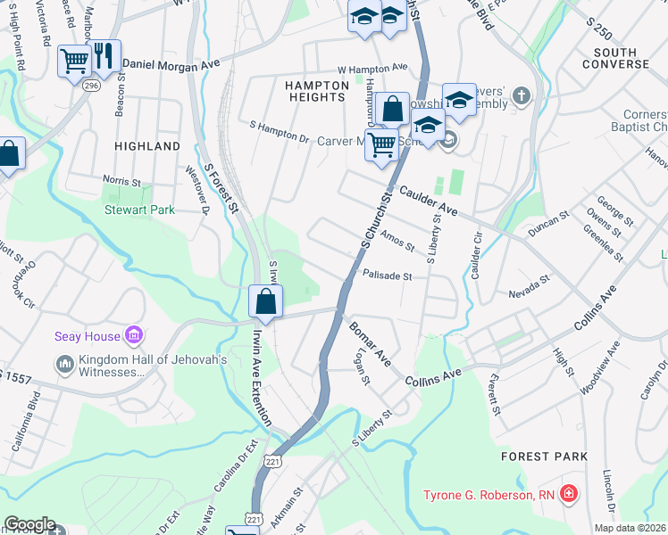 map of restaurants, bars, coffee shops, grocery stores, and more near 730 South Church Street in Spartanburg