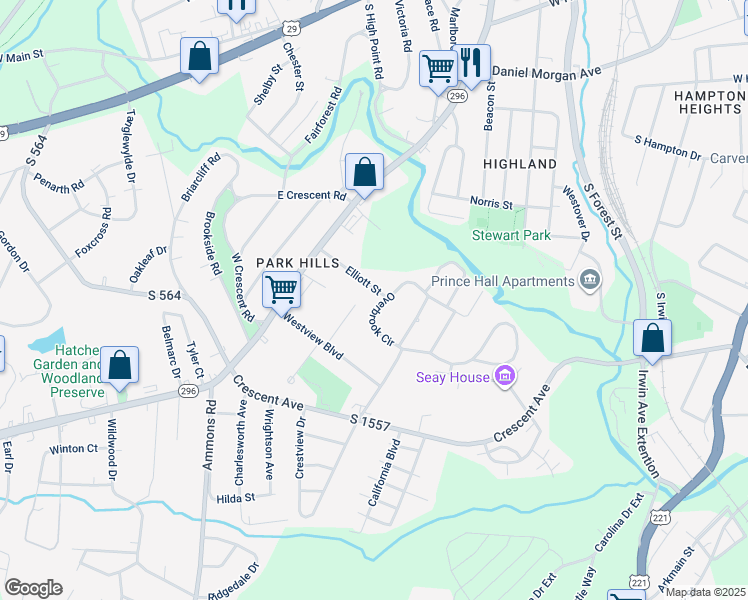 map of restaurants, bars, coffee shops, grocery stores, and more near 102 Overbrook Circle in Spartanburg