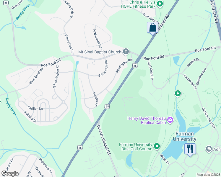 map of restaurants, bars, coffee shops, grocery stores, and more near 19 Kensington Road in Greenville