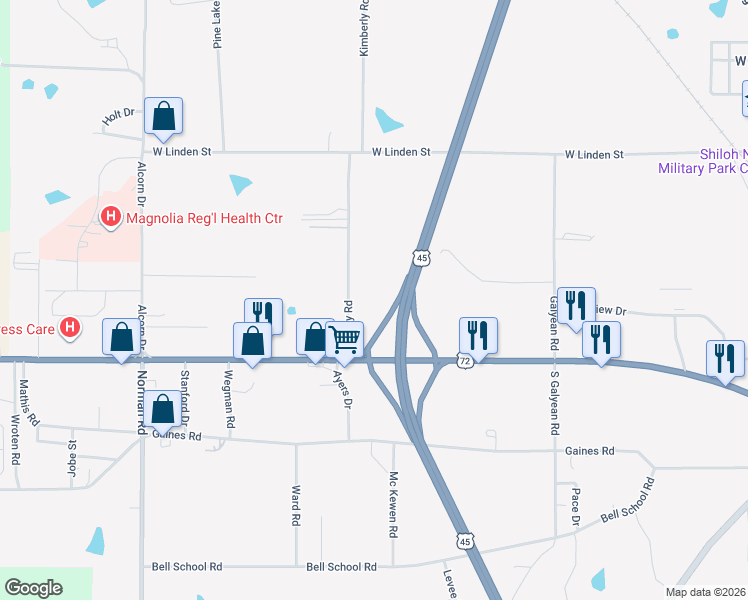 map of restaurants, bars, coffee shops, grocery stores, and more near Highway 2 in Corinth