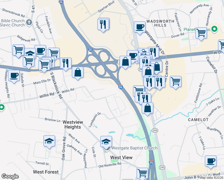 map of restaurants, bars, coffee shops, grocery stores, and more near 399 Peachwood Center Drive in Spartanburg