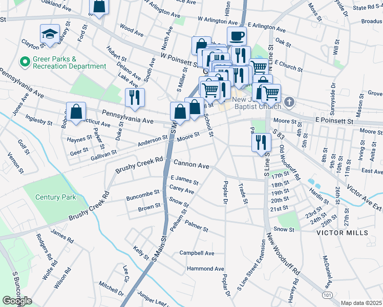 map of restaurants, bars, coffee shops, grocery stores, and more near 205 Westfield Avenue in Greer
