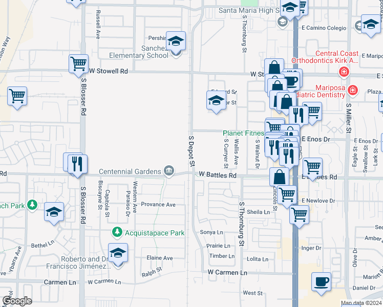 map of restaurants, bars, coffee shops, grocery stores, and more near South Depot Street in Santa Maria