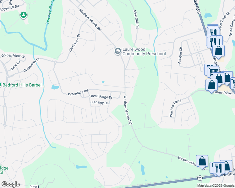 map of restaurants, bars, coffee shops, grocery stores, and more near 2026 Fallondale Road in Waxhaw