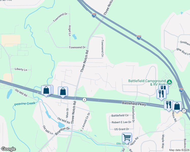map of restaurants, bars, coffee shops, grocery stores, and more near 23 Stonecrest Drive in Ringgold