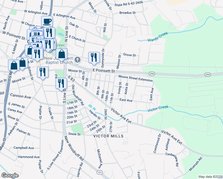 map of restaurants, bars, coffee shops, grocery stores, and more near 19 10th Street in Greer