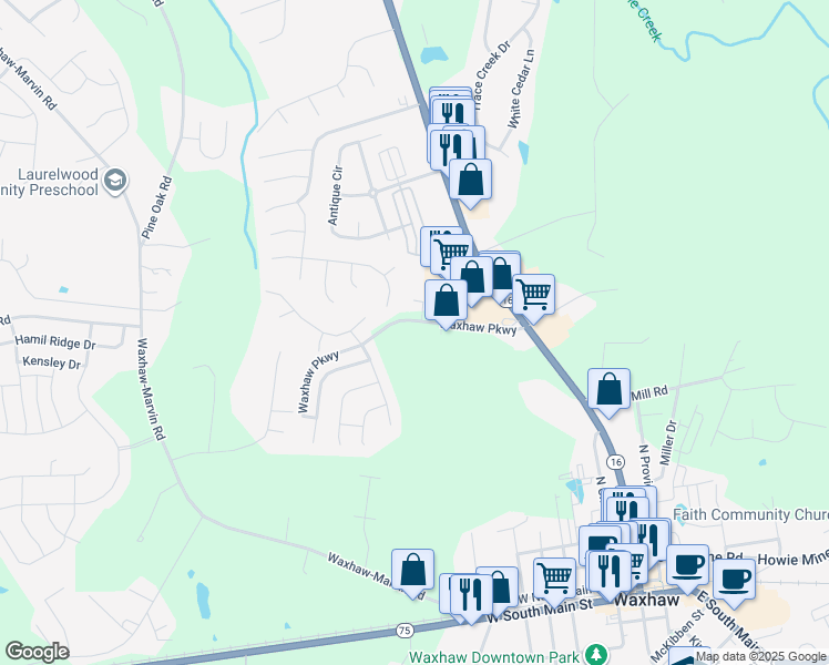 map of restaurants, bars, coffee shops, grocery stores, and more near 136 Waxhaw Parkway in Waxhaw