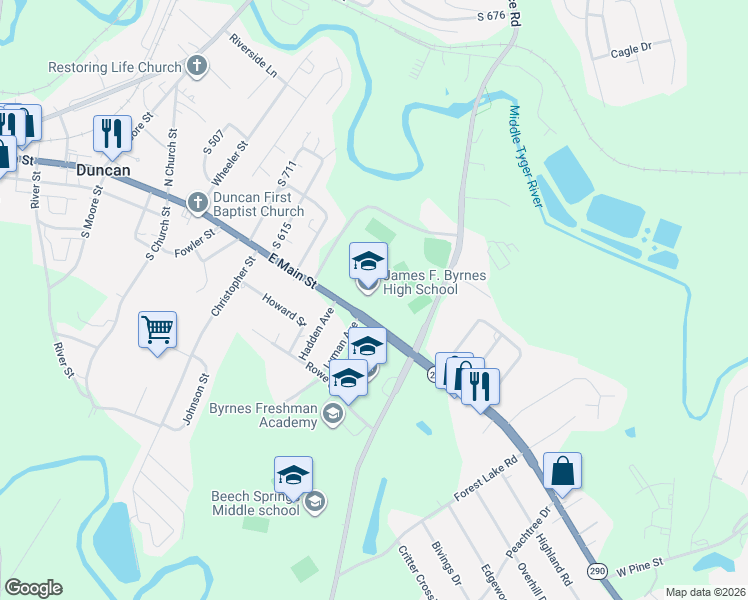 map of restaurants, bars, coffee shops, grocery stores, and more near 150 East Main Street in Duncan