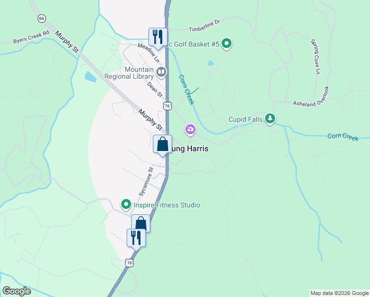 map of restaurants, bars, coffee shops, grocery stores, and more near in Young Harris