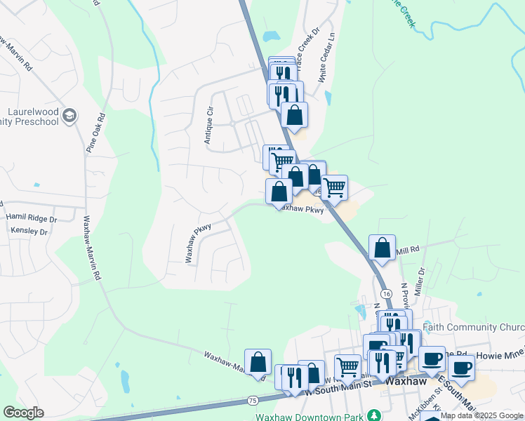 map of restaurants, bars, coffee shops, grocery stores, and more near 136 Waxhaw Parkway in Waxhaw